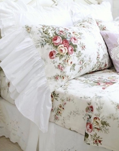 SHABBY FRENCH COTTAGE CHIC ROSES WILDFLOWERS RUFFLED PILLOW SHAMS